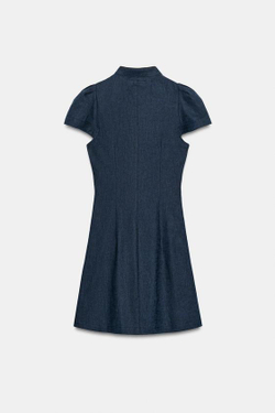 ZARA УКОРОЧЕННОЕ ПЛАТЬЕ ИЗ ЛЬНА С ЗАСТЕЖКОЙ-АЛАМАРОМ, ИНДИГО