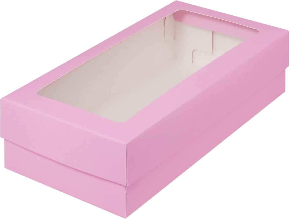 Коробка для макарон и др.кондитерской продукции с прямоугольным окошком 210*110*55мм (розовая мат.)