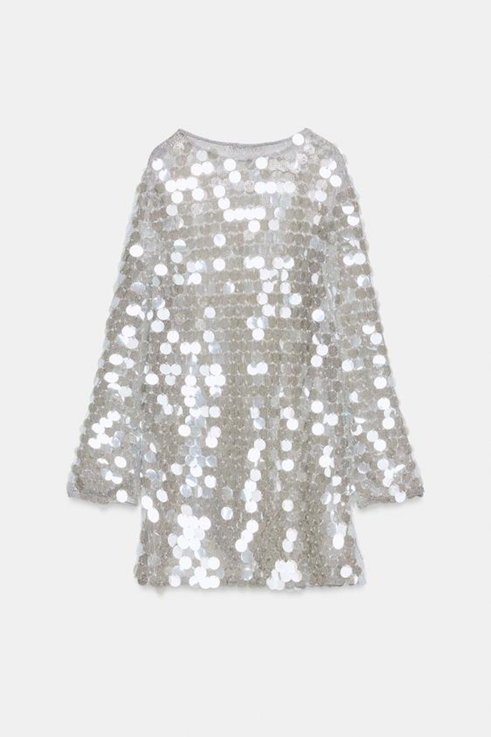ZARA КОРОТКОЕ ТРИКОТАЖНОЕ ПЛАТЬЕ С ПАЙЕТКАМИ И БУСИНАМИ, СЕРЕБРИСТЫЙ
