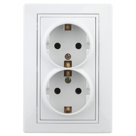 Розетка Intro Plano 1-208-01 с заземлением двойная 2X2P+E Schuko со шторками, 16А-250В, IP20, СУ, белый
