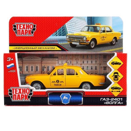 Машина металл ГАЗ-2401 ВОЛГА ТАКСИ 12 см, двери, багаж, инерц, кор. Технопарк