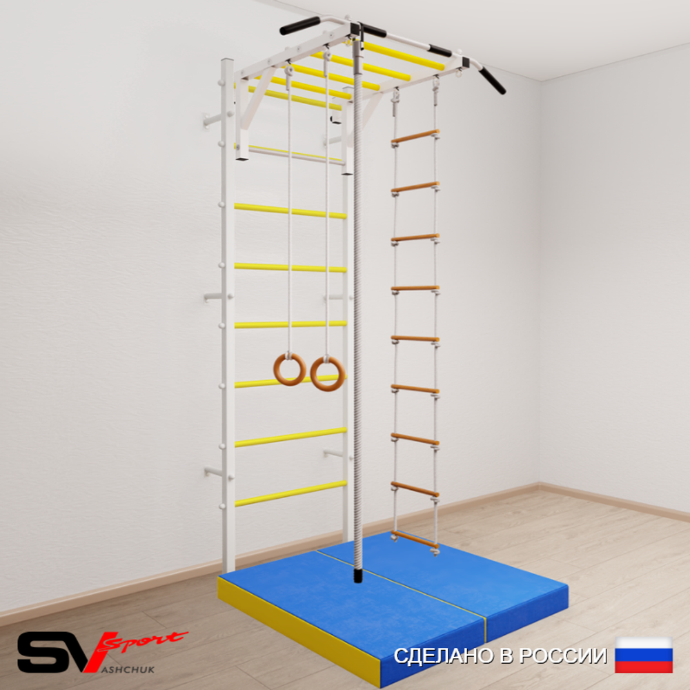 Шведская стенка Sv Sport усиленная 6214 (Турник рукоход/Канат/Кольца/Лестница/Мат 1м)