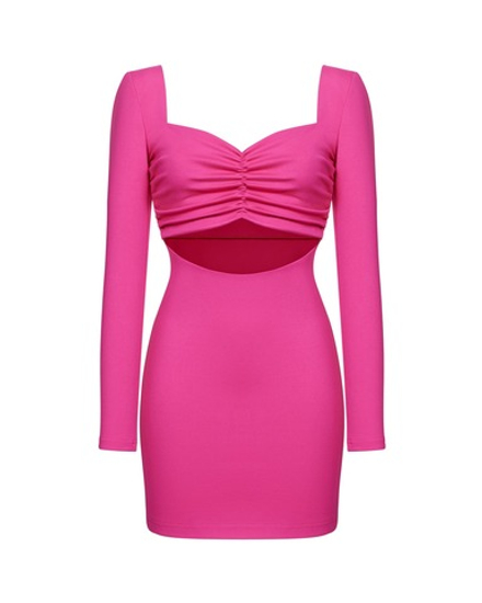 Платье мини с длинным рукавом из крепа с вырезом на животе, фуксия