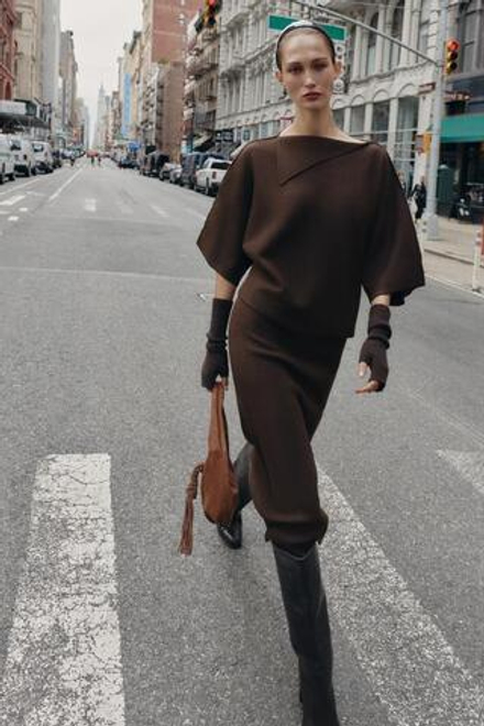 ZARA ТРИКОТАЖНАЯ ЮБКА МИДИ, КОРИЧНЕВЫЙ