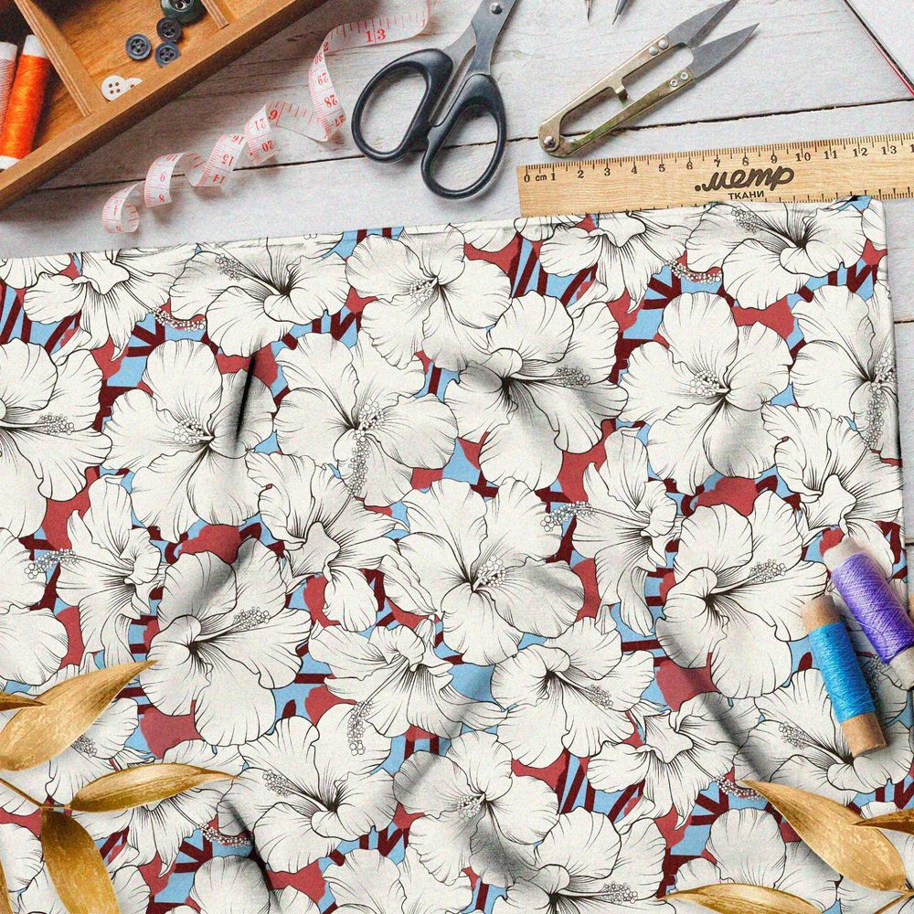 Ткань таффета белые пышные цветы на голубом фоне
