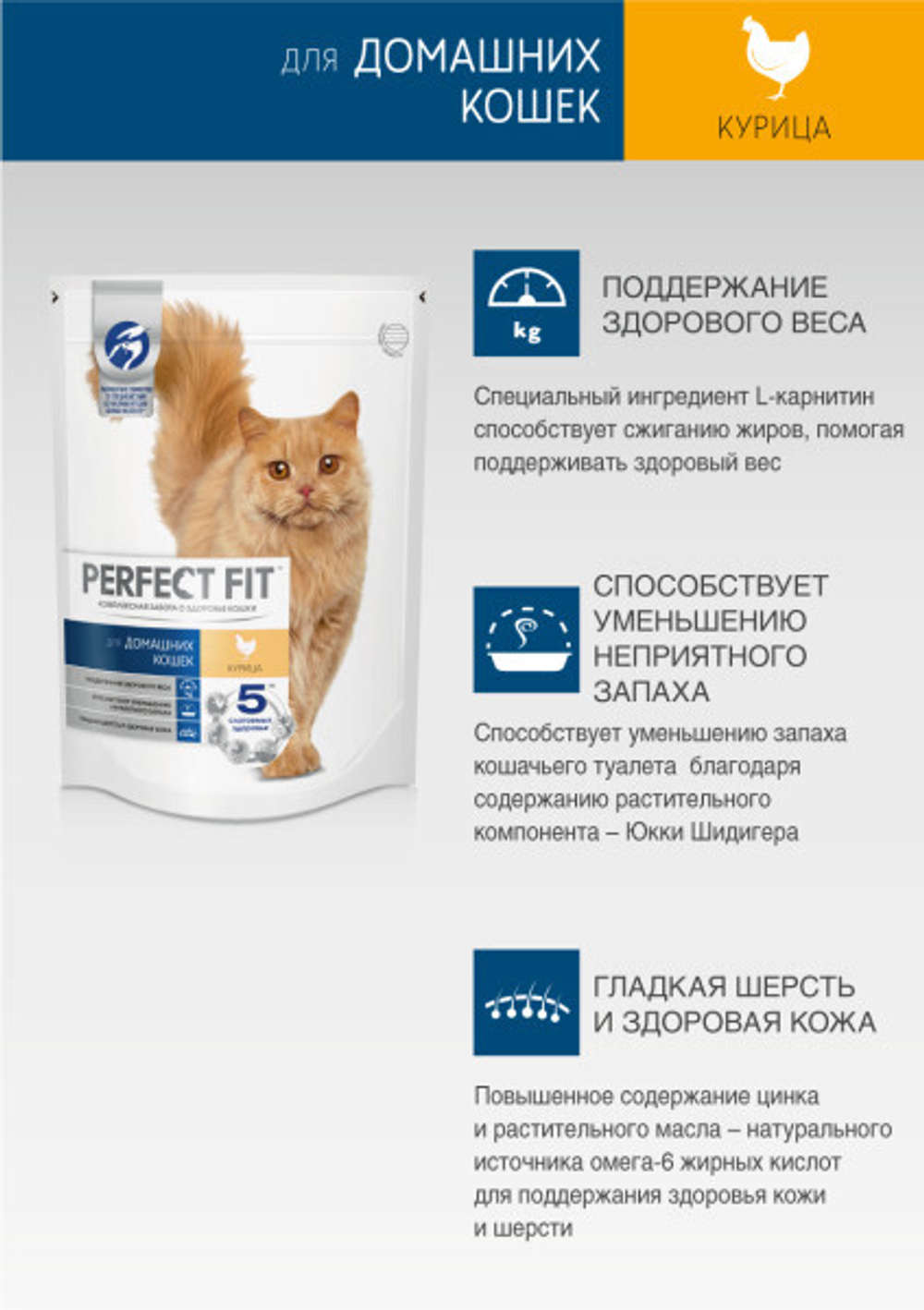 Сухой корм для живущих в помещении взрослых кошек PERFECT FIT с курицей 650 г