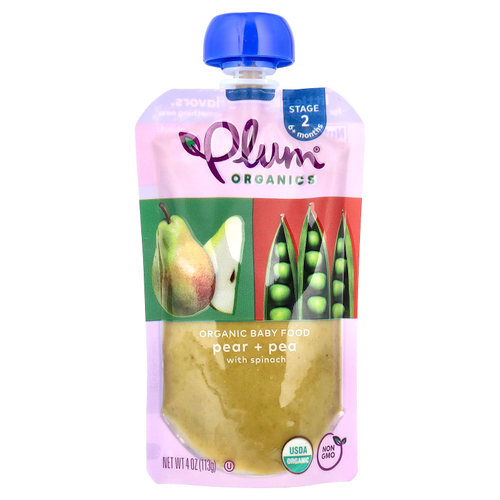 Plum Organics, Органическое детское питание, от 6 месяцев, груша + горох со шпинатом, 113 г (4 унции)