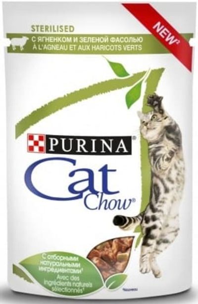 Влажный корм Cat Chow® для стерилизованных кошек с ягненком и зеленой фасолью в соусе, Пауч 85 г