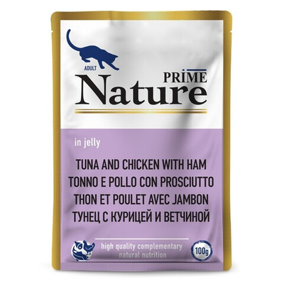 Prime Nature 100 г - консервы (пакетик) для кошек с тунцом, курицей и ветчиной (желе)