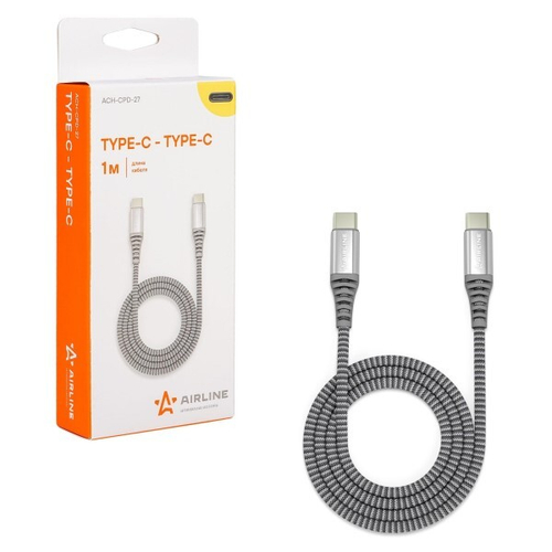 Дата-кабель универ. Type-C на Type-C 1 м черный 3А, нейлоновая оплетка (AIRLINE)
