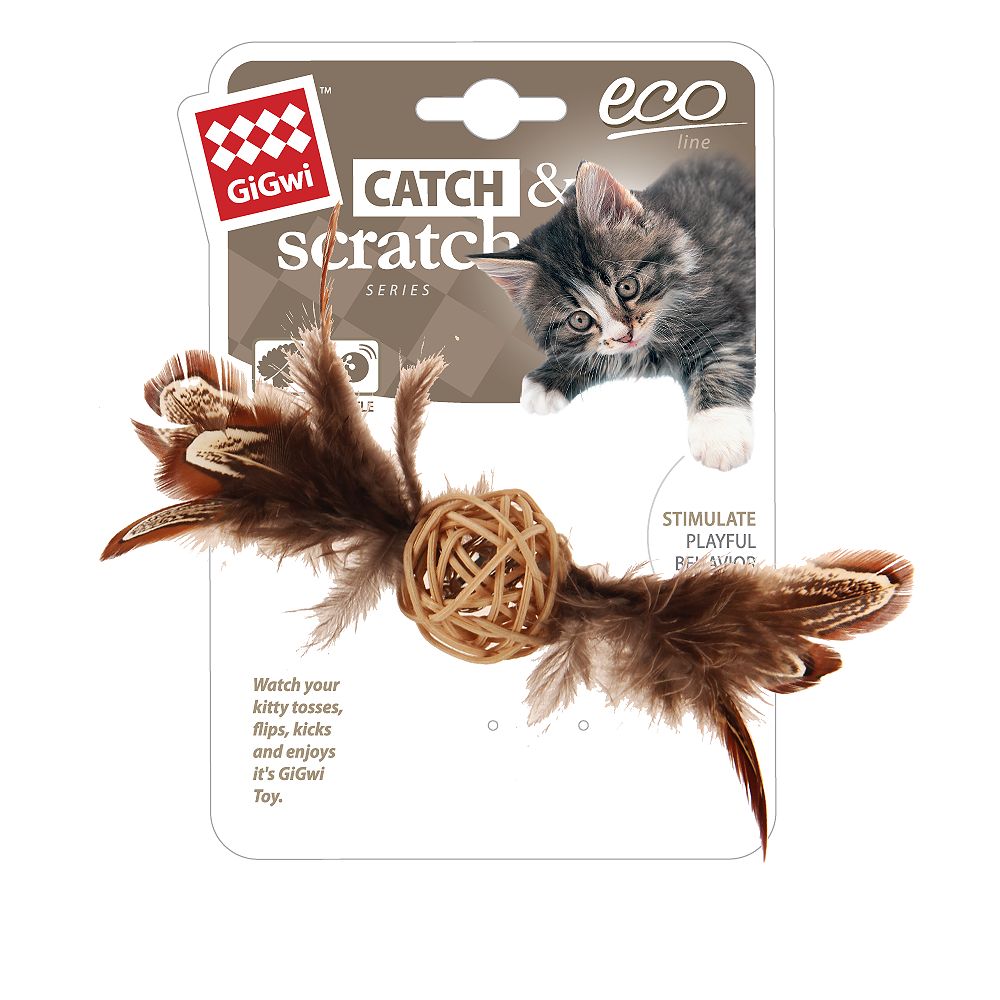 Gigwi CATCH &amp; SCRATCH ECO  Игрушка для кошек Плетеный мячик с колокольчиком и перьями 13см