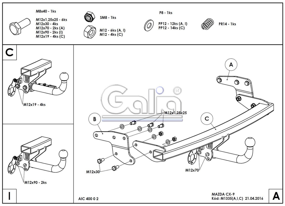 Фаркоп оцинкованный Galia M133A для Mazda CX-9 2006-2012, 2012-2017(паспорт и сертификат в комплекте)(без электрики)