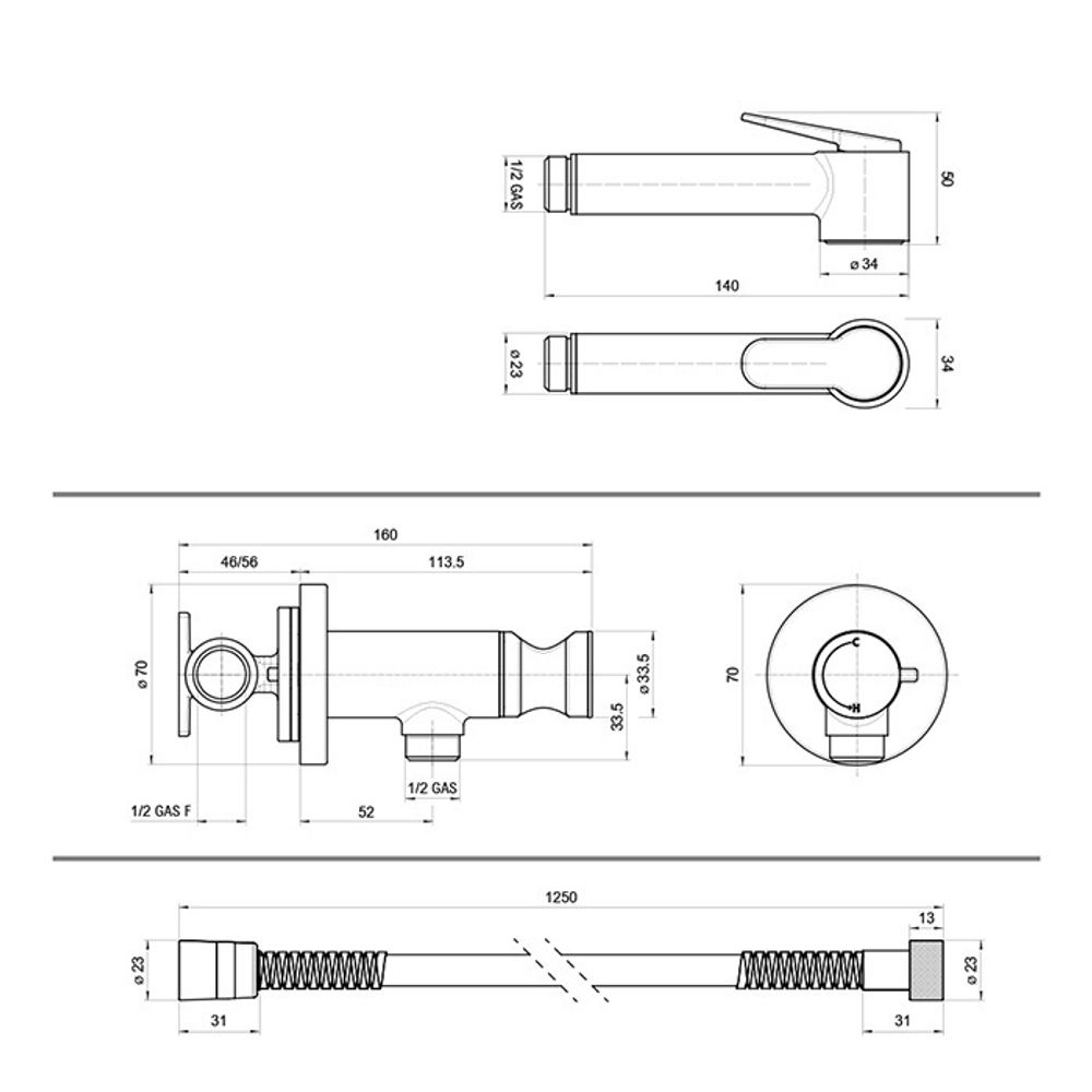 Bossini Paloma Brass Mixer Set гигиенический комплект: смеситель прогрессивный, душ с кнопкой подачи воды, шланг 1250 мм, держатель с шланговым подключением