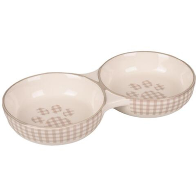 Миска керамическая для кошки MYLO двойная, 2 х 145 мл/ 11 см, бежевый/белый, Flamingo