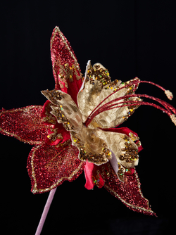 Веточка с цветком 18x61см ChristmasDeLuxe бордовая с античным золотом