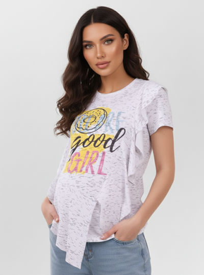 Футболка для беременных из вискозы (95%) с принтом и рюшами на размер 50