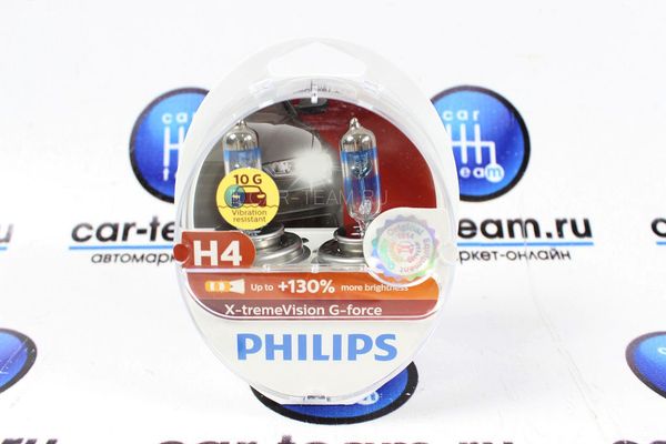 Автолампа "Philips" H4 55,60W-12V X-treme+130% G-Force 12342XVGS2 виброустойчивая