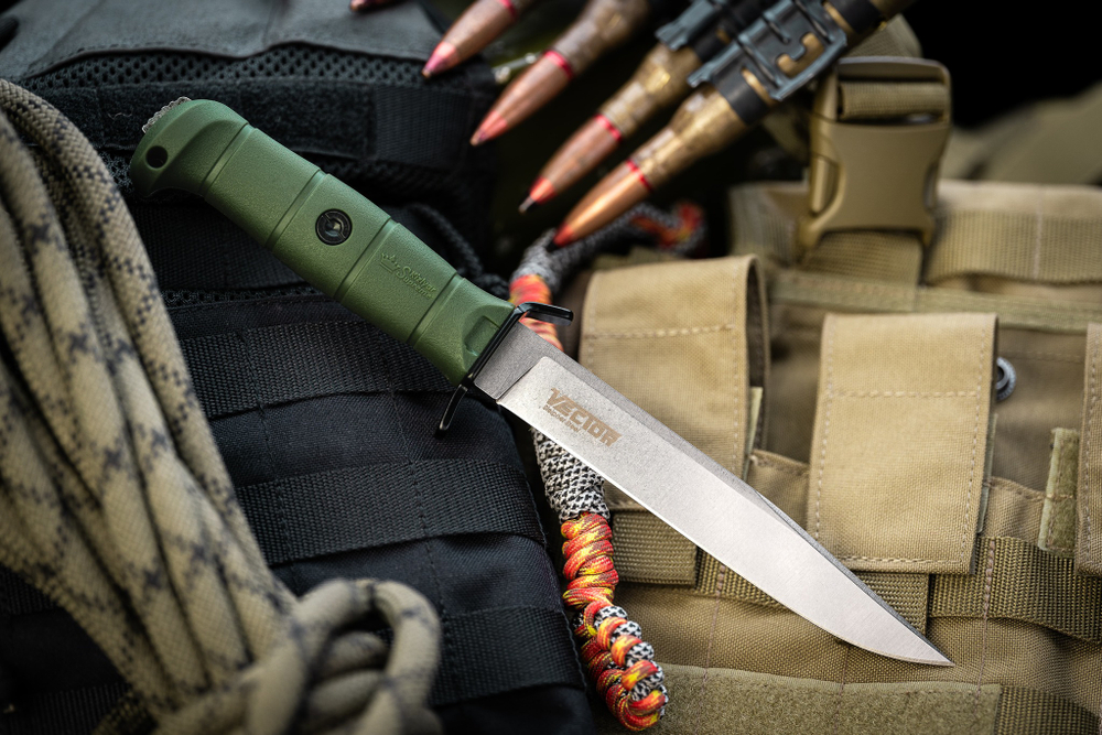 Нож Kizlyar Supreme VECTOR Sleipner SW OKH PS (StoneWash, Oliva Kraton Handle, Polyamide Sheath)