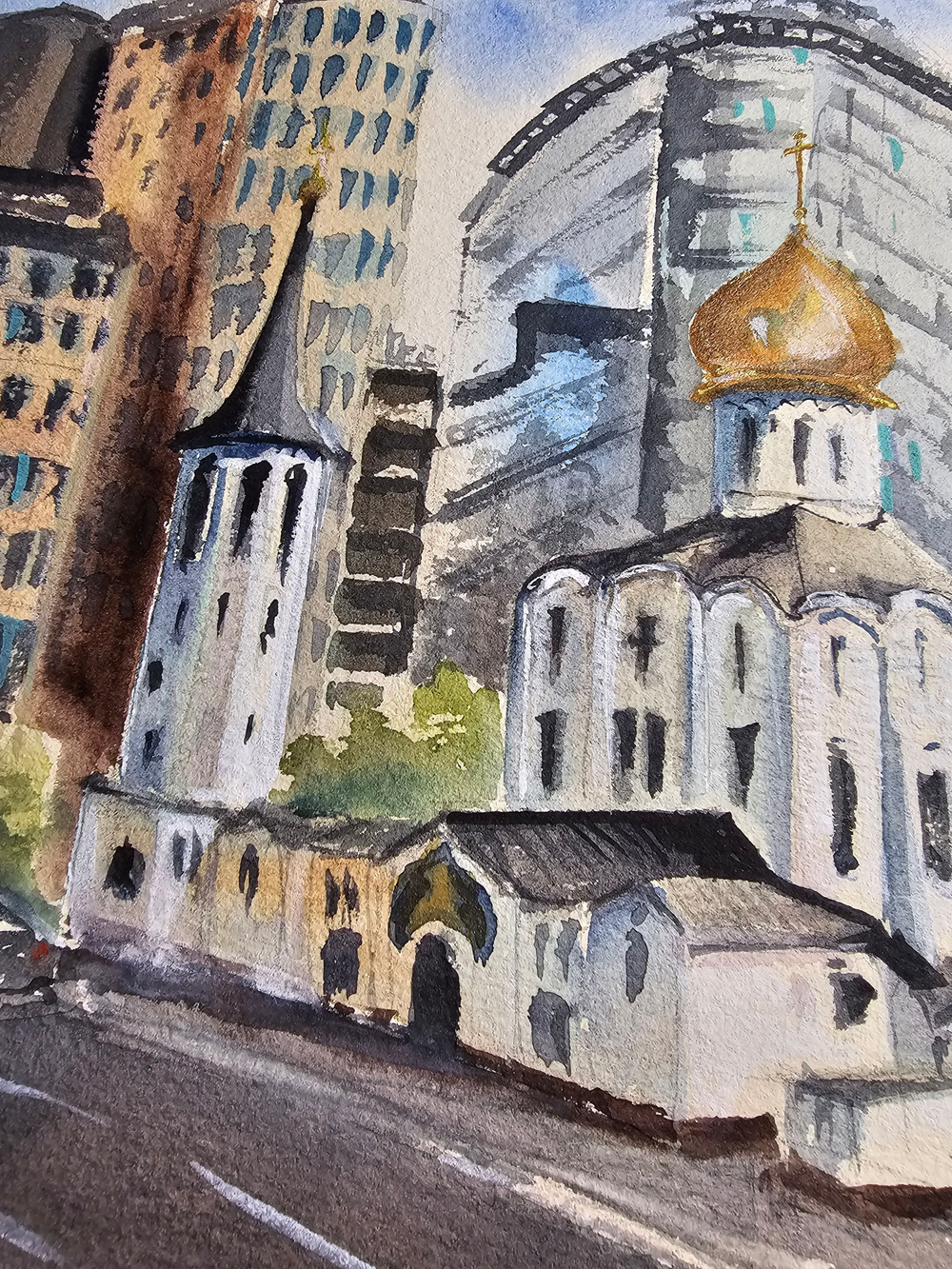 Картина авторская акварельная в паспарту 30х40 см на стену для интерьера "Белая площадь"