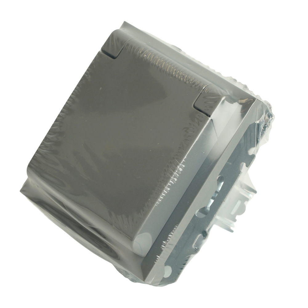 Розетка 1-местная с крышкой с защ. штор, STEKKER, с/з, 250В, 16А, серия Эмили, RST16-5112-10, платиново-серый, soft touch 49959