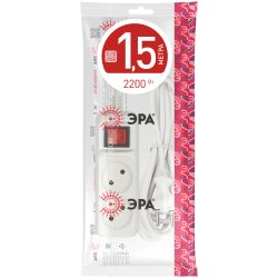 Удлинитель электрический ЭРА U-2s-1,5m-2x1 без заземления c выключателем 2 розетки 1,5м ПВС 2x1мм2 10А