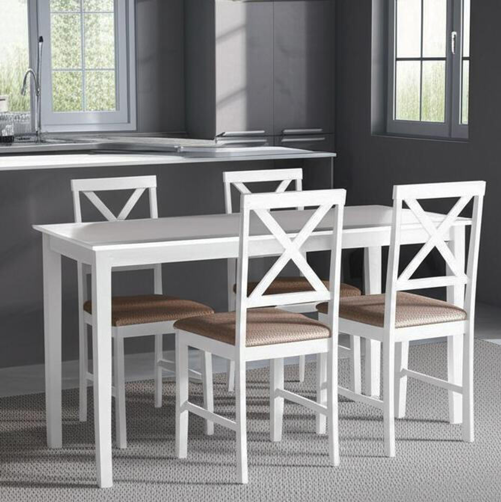 Обеденный комплект Хадсон (стол + 4 стула)/ Hudson Dining Set дерево гевея/мдф, стол: 110х70х75см / стул: 44х42х89см, pure white (белый 2-1), ткань кор.-зол.(1505