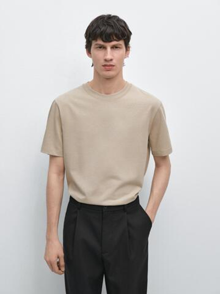 Massimo Dutti Футболка с коротким рукавом из смесовой хлопковой ткани, песочный