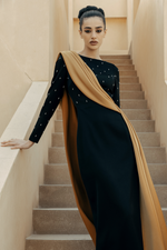 Платье макси сатиновое с асимметричной драпировкой и вышивкой