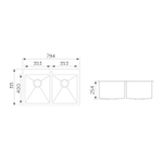 Кухонная мойка, 794x511x254 мм, 2 чаши