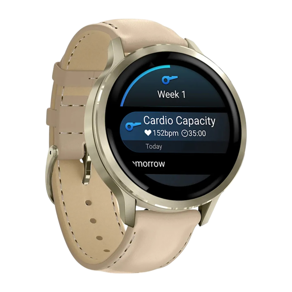 Спортивные часы Garmin Venu 4, 41 мм, светло-песочный кожаный ремешок, силиконовый ремешок цвета кости Безель из нержавеющей стали цвета «лунное золото», корпус цвета «лунное золото», AMOLED-дисплей со стеклом Gorilla Glass. Ремешок с классической застёжк