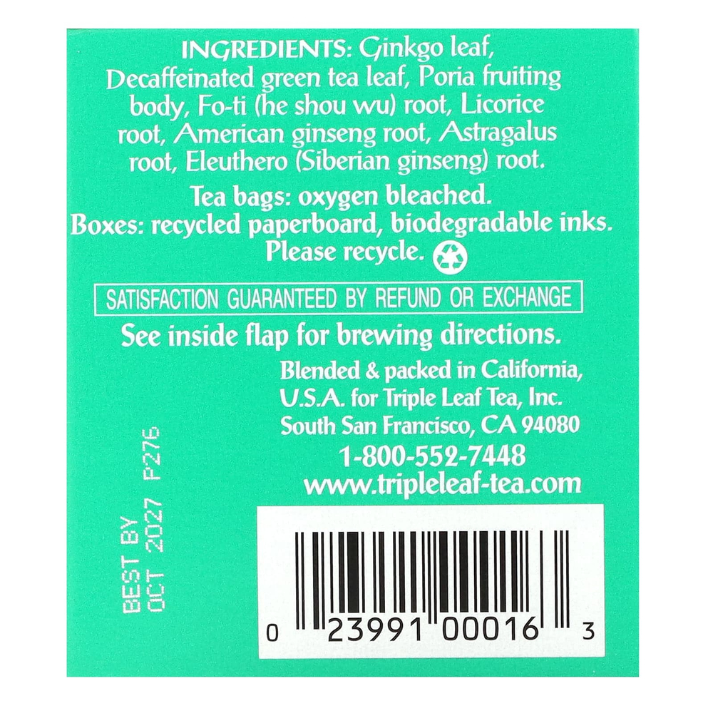 Triple Leaf Tea, зеленый чай с гинкго и без кофеина, 20 чайных пакетиков, 36 г (1,27 унции)