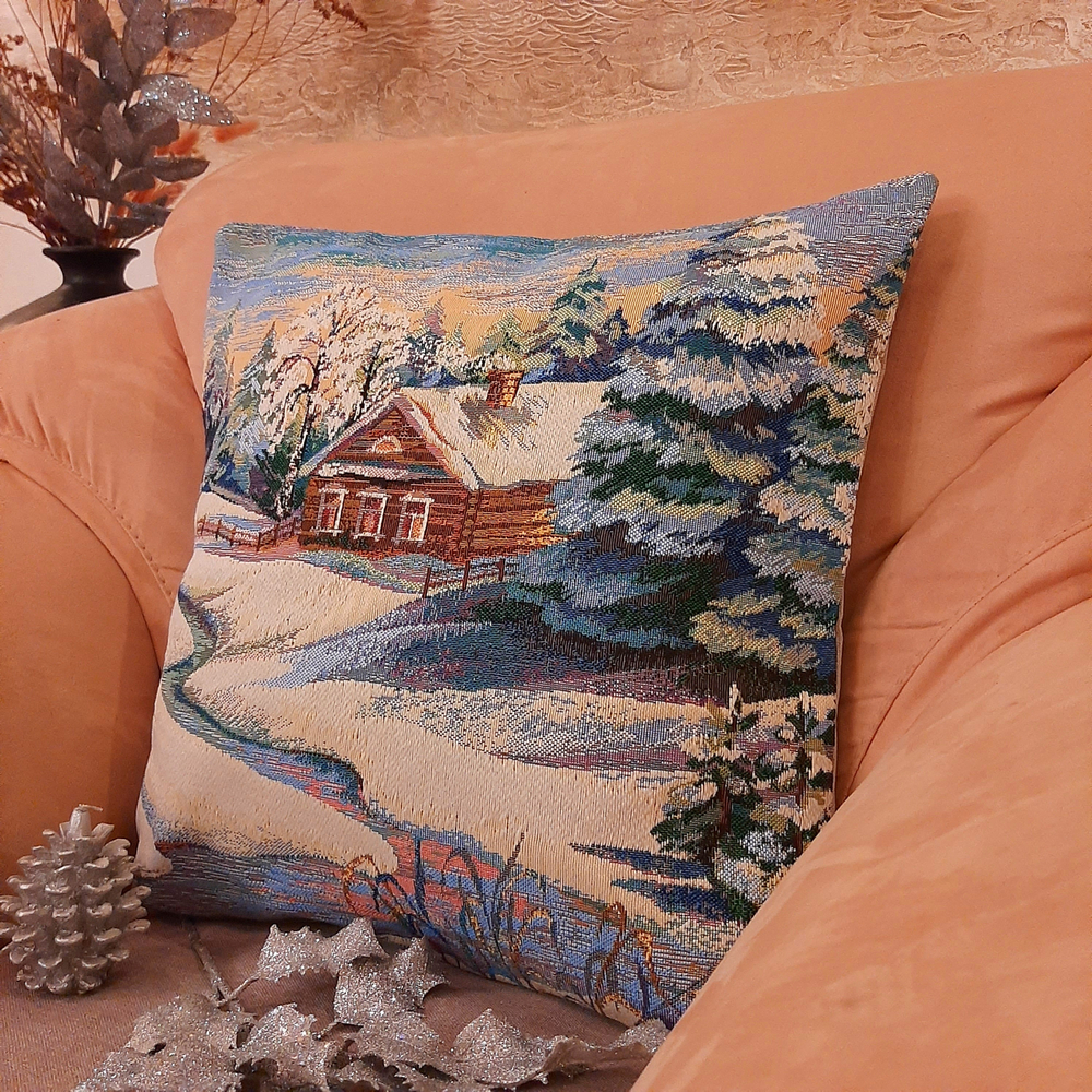 Декоративная гобеленовая наволочка для диванной подушки Зимовье 47*47