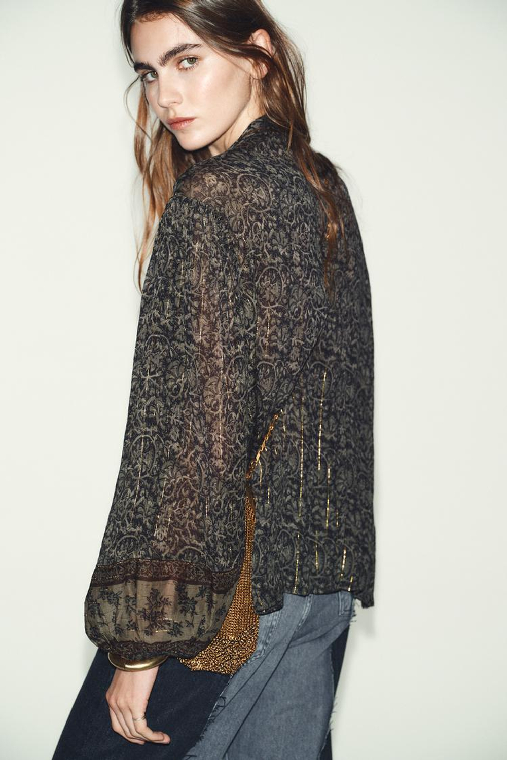 ZARA БЛУЗА ИЗ ТКАНИ С ПРИНТОМ И БЛЕСТЯЩЕЙ НИТЬЮ, РАЗНОЦВЕТНЫЙ