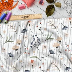 Ткань бифлекс акварельные цветы на белом фоне в полоску