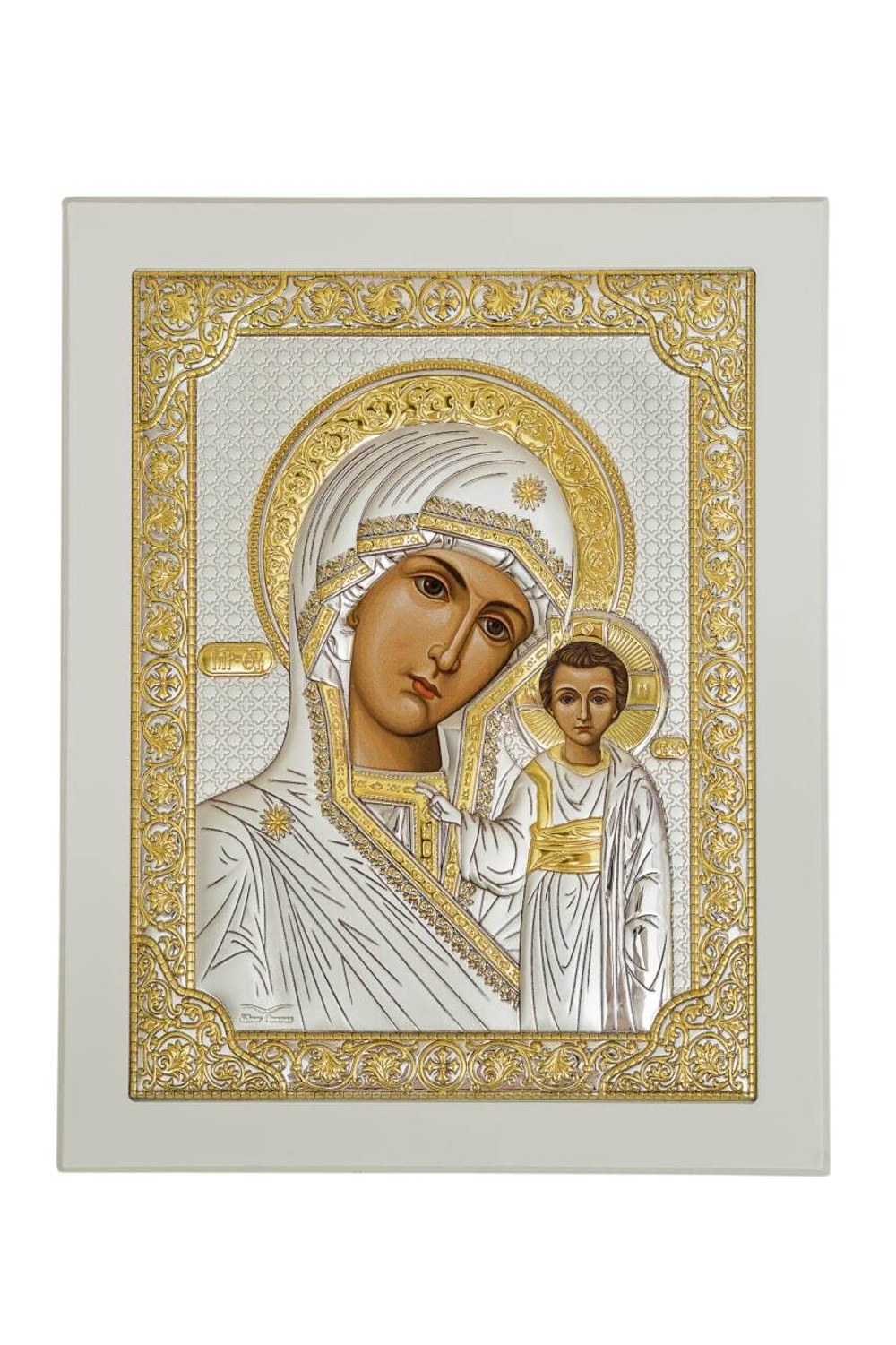 Казанская БМ, икона прямоугольная с рамкой, белое дерево 150х190