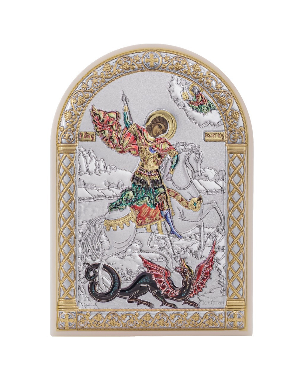 Георгий Победоносец, икона арочная, пластик белый, эмаль 62x88