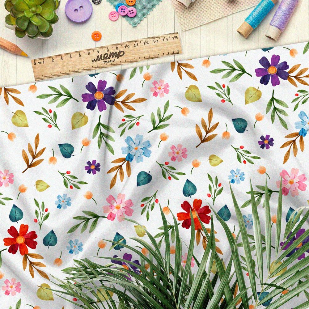 Ткань барби яркие цветы и листья на белом фоне