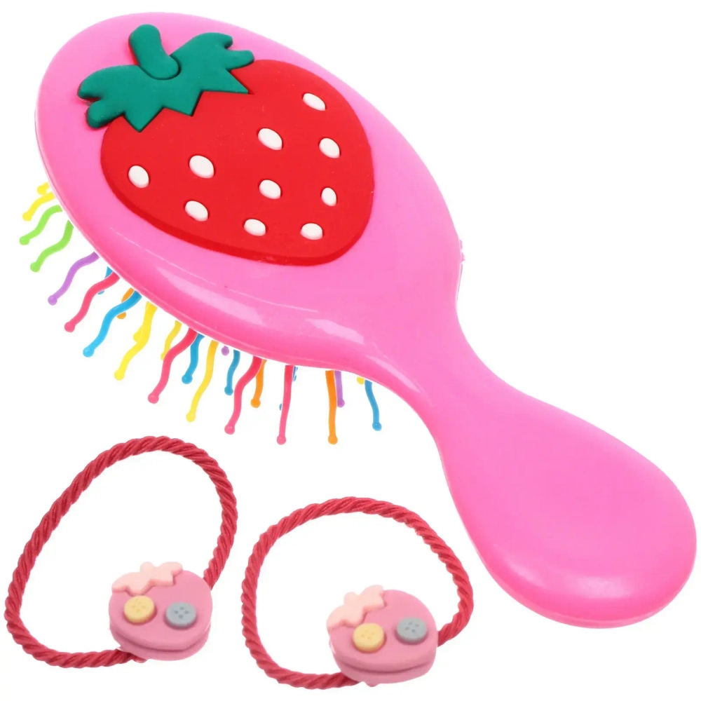 Расческа массажная детская и 2 резинки «МИЛА», клубника, цвет розовый, 14*5,5см (пакет с подвесом)