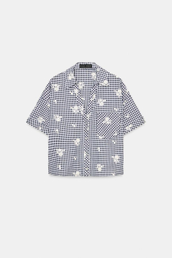 ZARA РУБАШКА В КЛЕТКУ С ВЫШИВКОЙ, ТЕМНО-СИНИЙ/БЕЛЫЙ