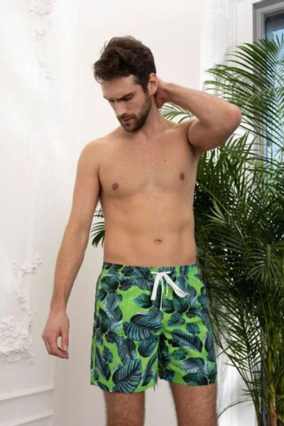 Летние мужские пляжные шорты с листиками (Размер: L) (Цвет: зеленый)