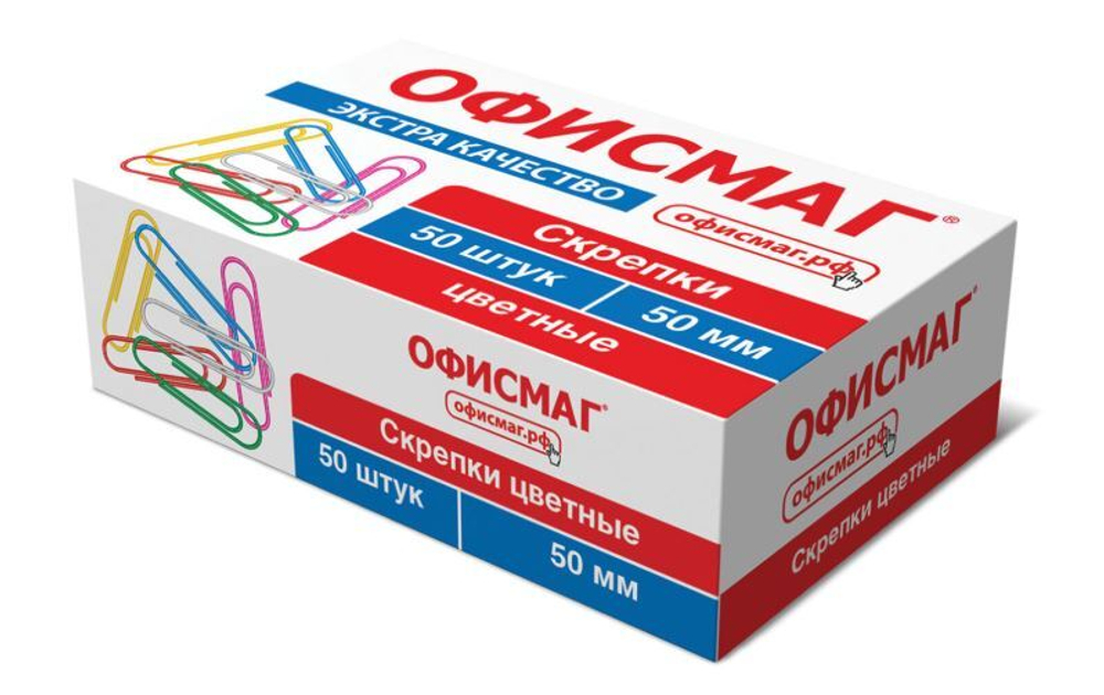 Скрепки большие ЭКСТРА ОФИСМАГ 50 мм цветные 50 штук