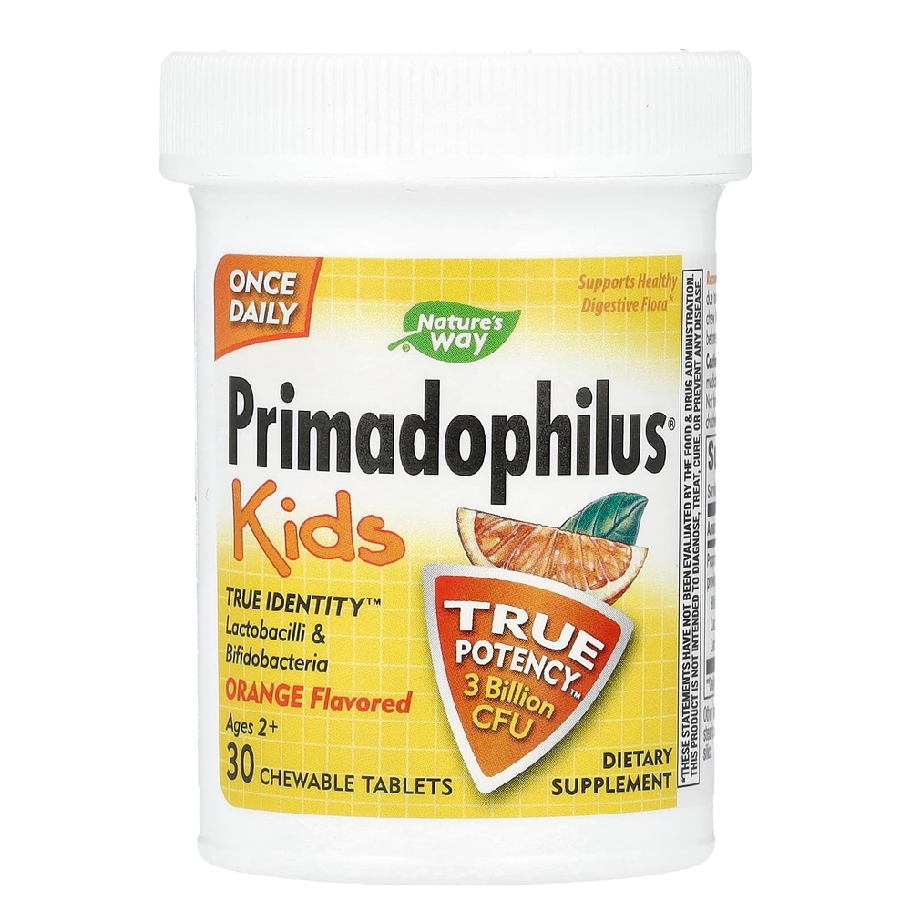 Nature's Way, Primadophilus, пробиотики для детей от 2 лет, со вкусом апельсина, 3 млрд КОЕ, 30 жевательных таблеток