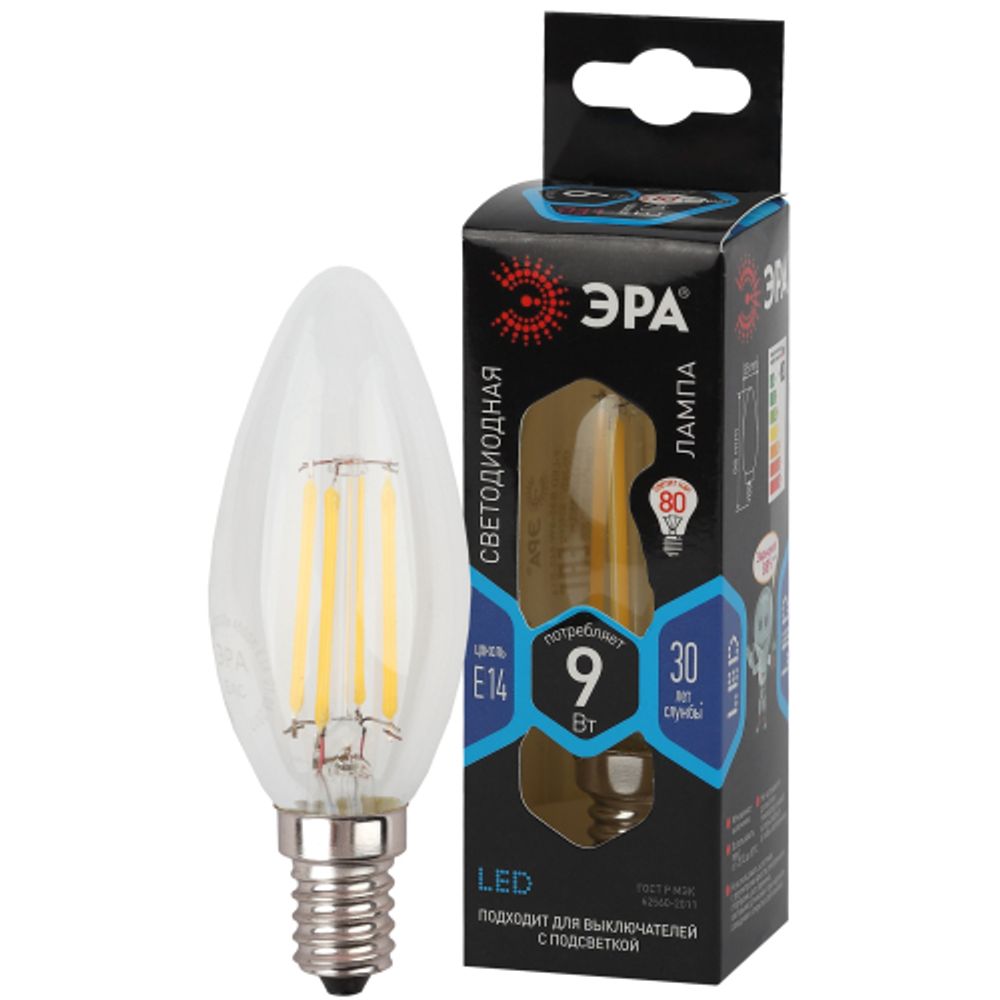 Лампа светодиодная ЭРА F-LED B35-9w-840-E14 9Вт филамент свеча нейтральный белый свет Е14 | Филаментные декоративные