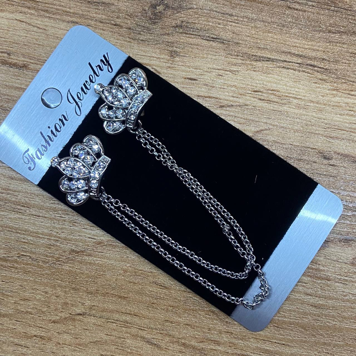 Брошь-шатлен на воротничок с цепочками Корона стразы металл серебристый