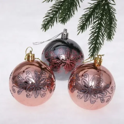 Новогодние шары 7 см (набор 3 шт) «Павлиний хвост», розовое золото/графит