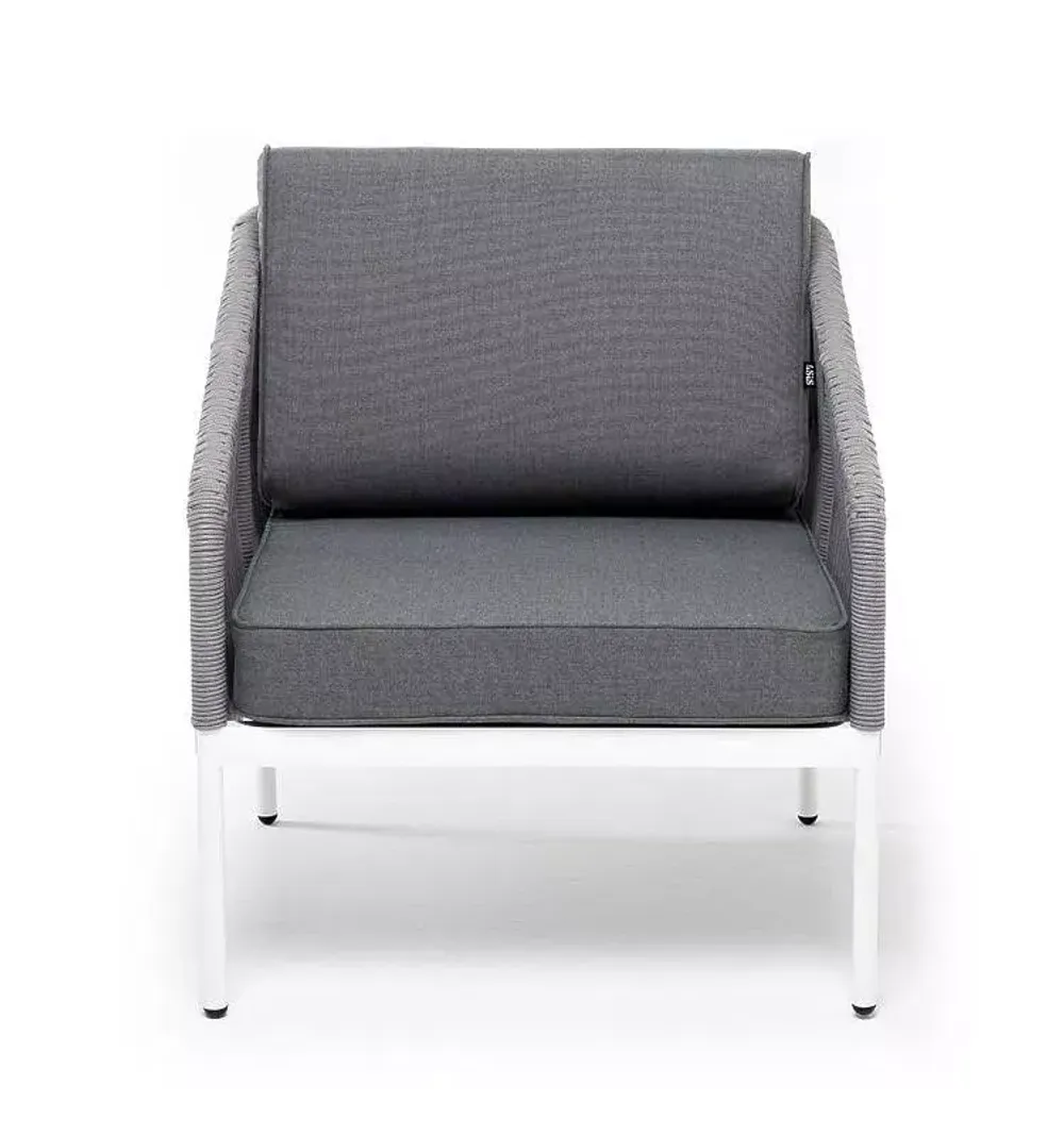 "Канны" кресло плетеное из роупа, каркас алюминий белый муар, роуп светло-серый круглый, ткань серая 017