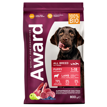 Сухой корм AWARD для щенков от 1 месяца беременных и кормящих сук всех пород с ягненком и индейкой с добавлением яблока и черники 800г