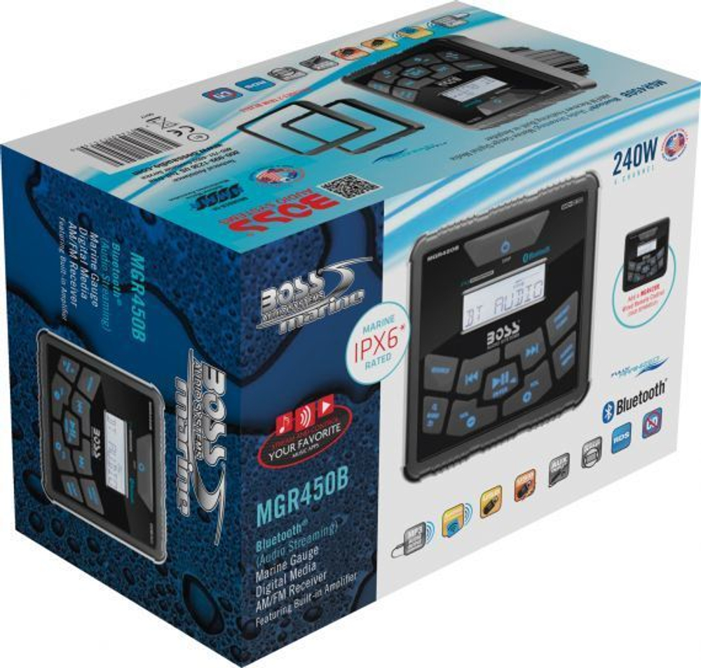 Магнитола Boss Audio MGR450B USB/AUX/FM 240W квадрат (комплект с пультом MGR420R и кабелем MGR25C)