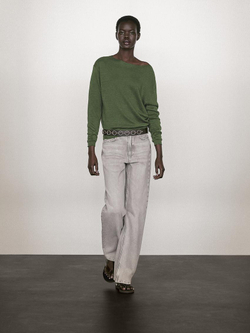 Massimo Dutti Свитер из 100% льна с вырезом лодочкой, цвет мха