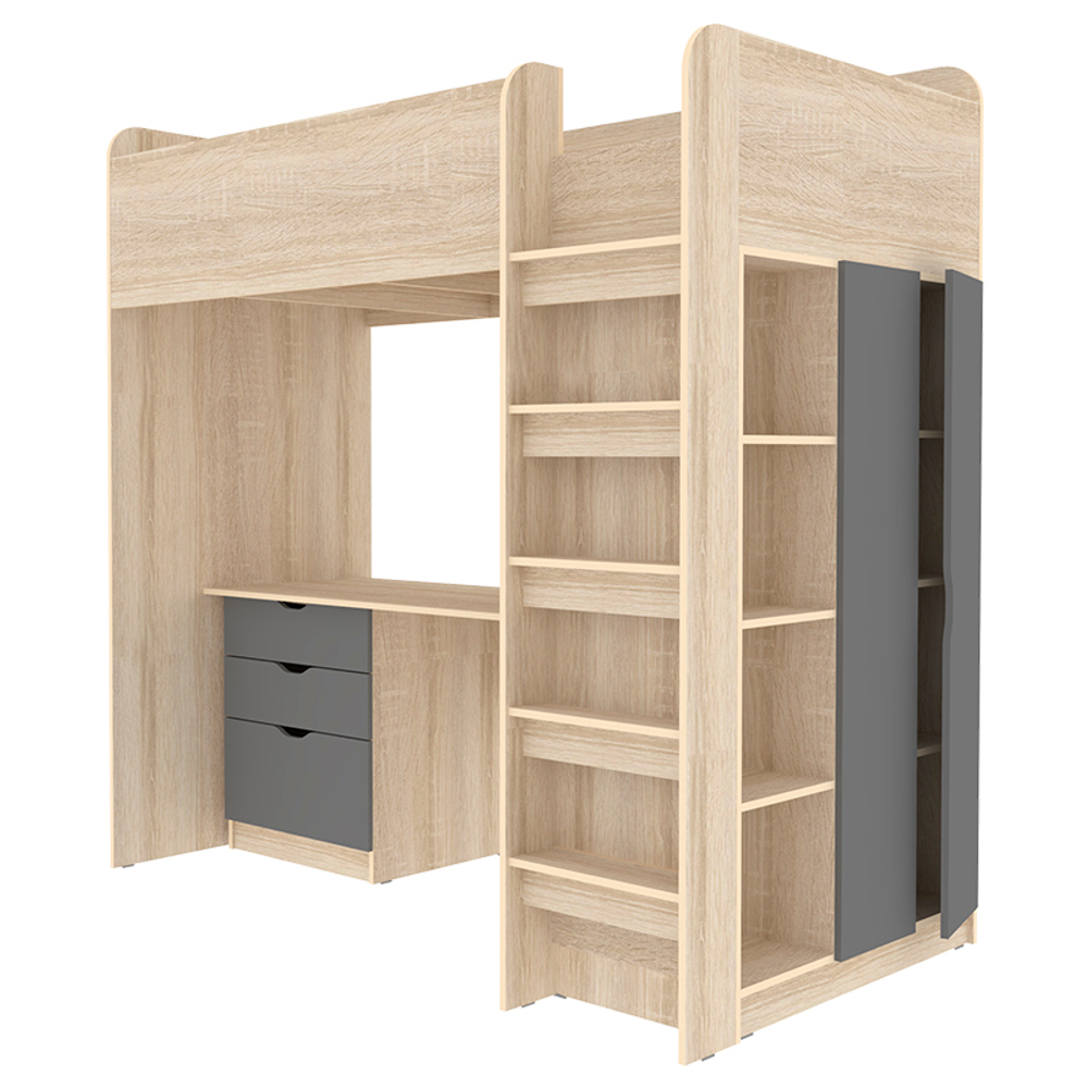 Кровать-чердак КарИВи Polini Simple с письменным столом и Шкаф КарИВиом Дуб Сонома Темно-серый